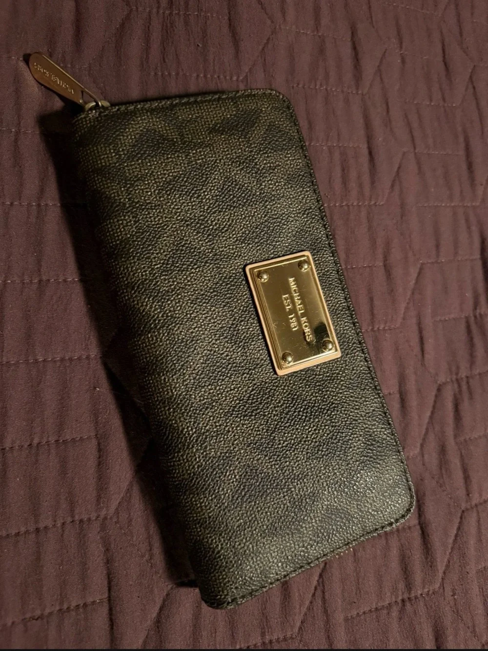 Michael Kors Black Zip Wallet with Gold Plaque